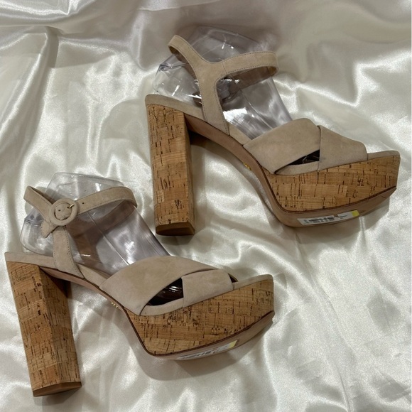 Veronica Beard Lucille Heels Suede Platform Cork Heel Sandals Tan Size 11 New - Picture 6 of 15